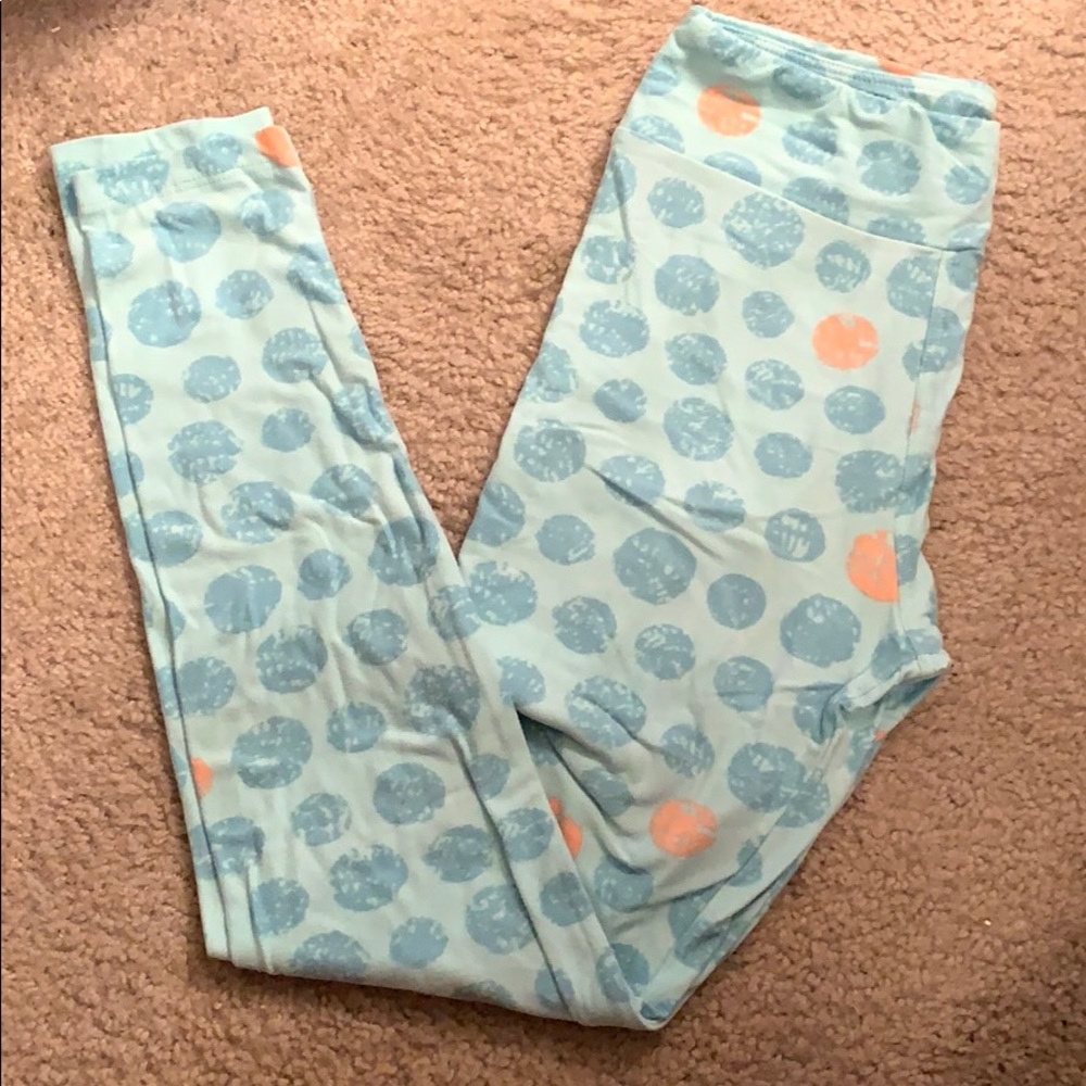 LuLaRoe One Size Legging- aqua and pink polka dot